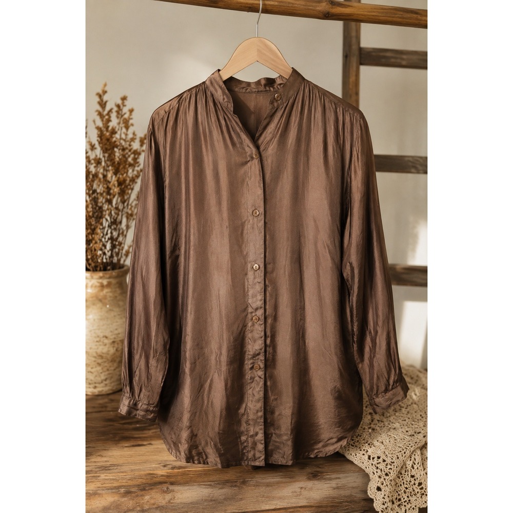 Vintage 90s Silk Blouse Brown Oversized Tunic Shirt Minimalist Lagenlook Medium